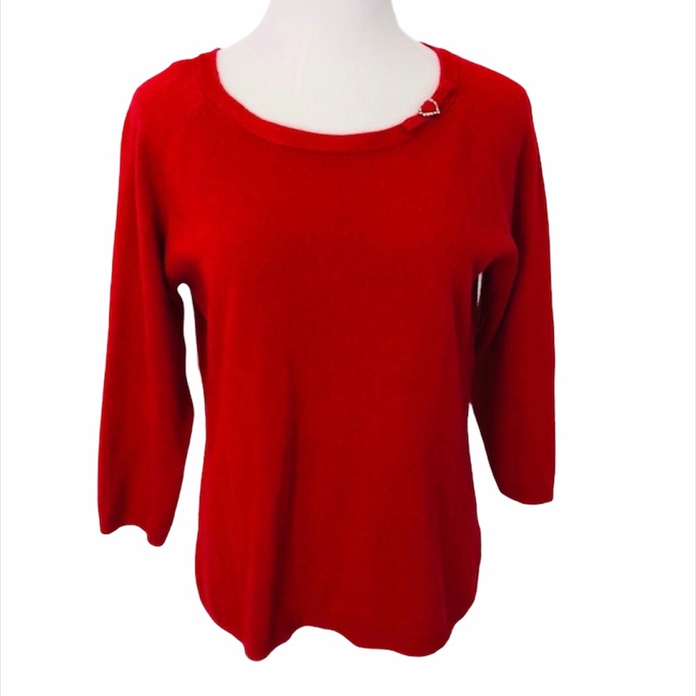 Croft & Barrow Red Knit Rhinestone Heart Bow Christmas Sweater Holiday Small